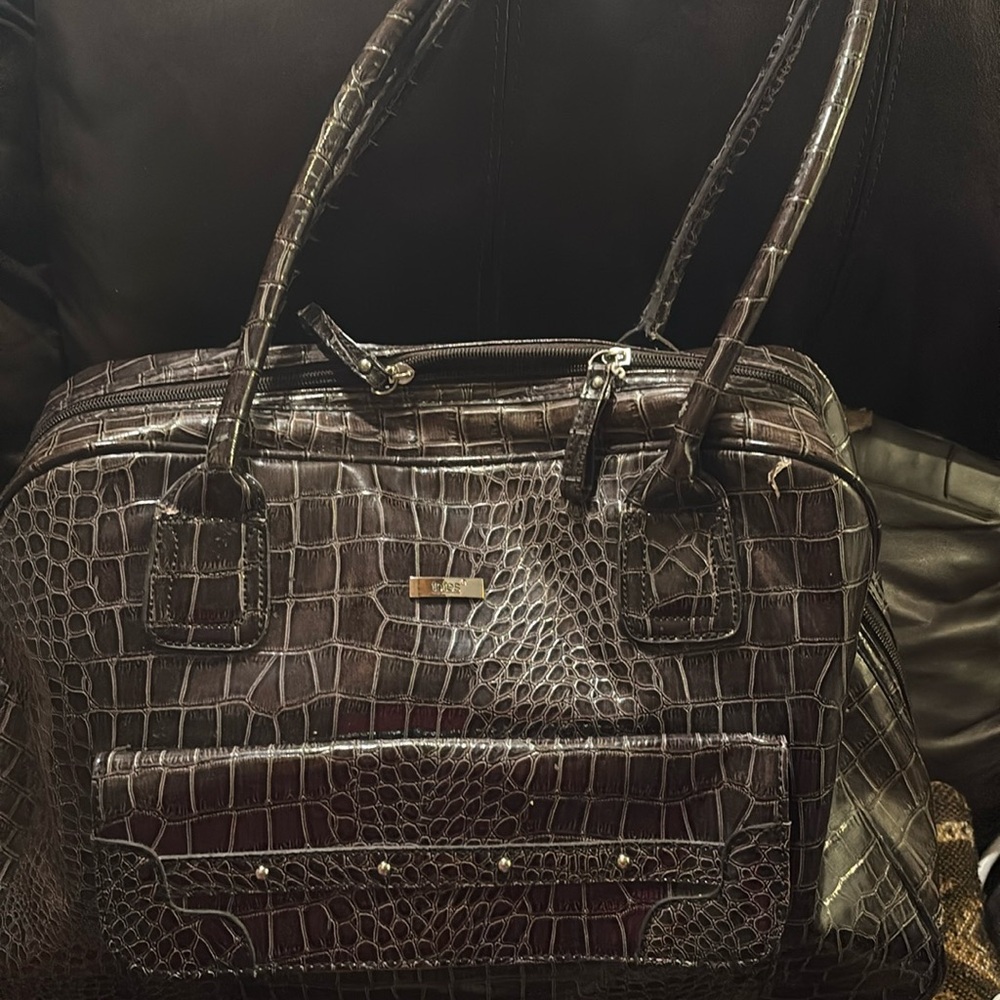 Totes Crocodile-Embossed Dark Brown Shoulder Bag - photo with call- out - asis